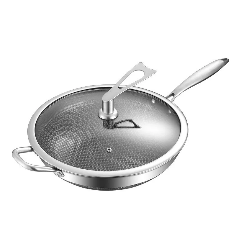 

Заводская сковорода Wok из нержавеющей стали 304, сковорода без покрытия с антипригарным покрытием, полноэкранной сотовой крышкой и электромагнитной ручкой плиты