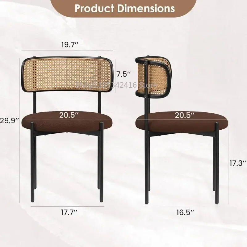 Set of 4 Mid Century Dining Chairs, Rattan Backrest with Thick Cushion & Durable Metal Legs for Indoor Outdoor Home Use