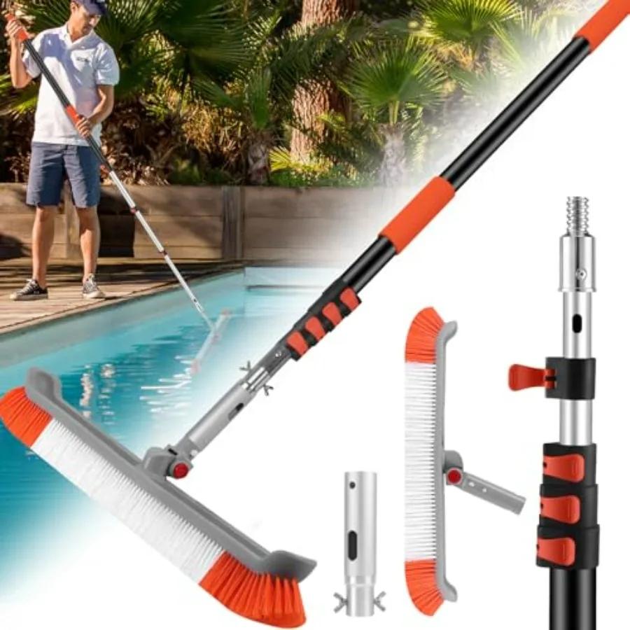 16FT Pool Brush with Pole: heavy duty 19 pool scrubber for walls, corners, floors; aluminum telescopic pole 4-16FT;universal ad