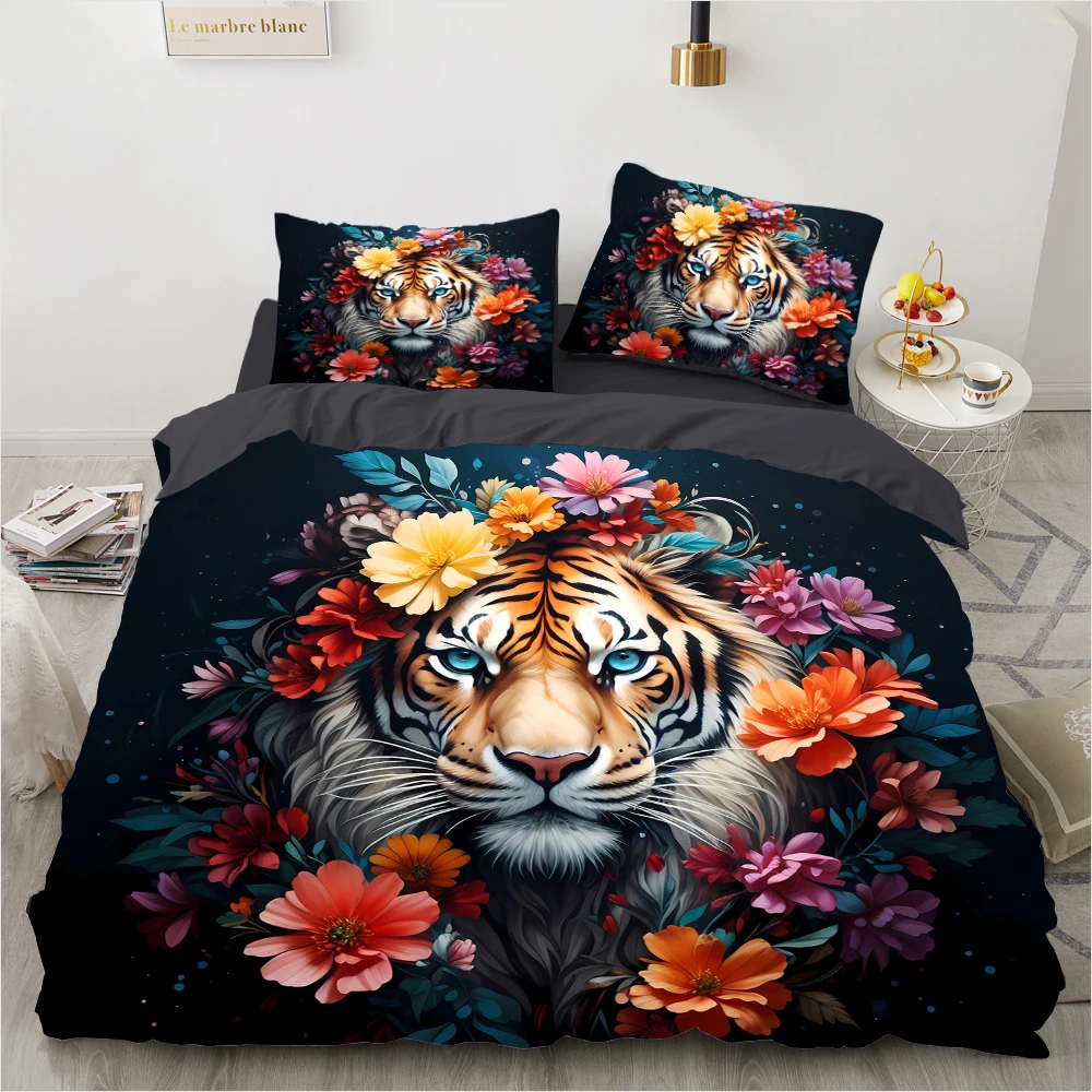 

Черный художественный комплект постельного белья с животными, размер Twin/King, пододеяльник с 3D принтом, мягкий комплект постельного белья из микрофибры для подростков, подарок, тигровые цветы