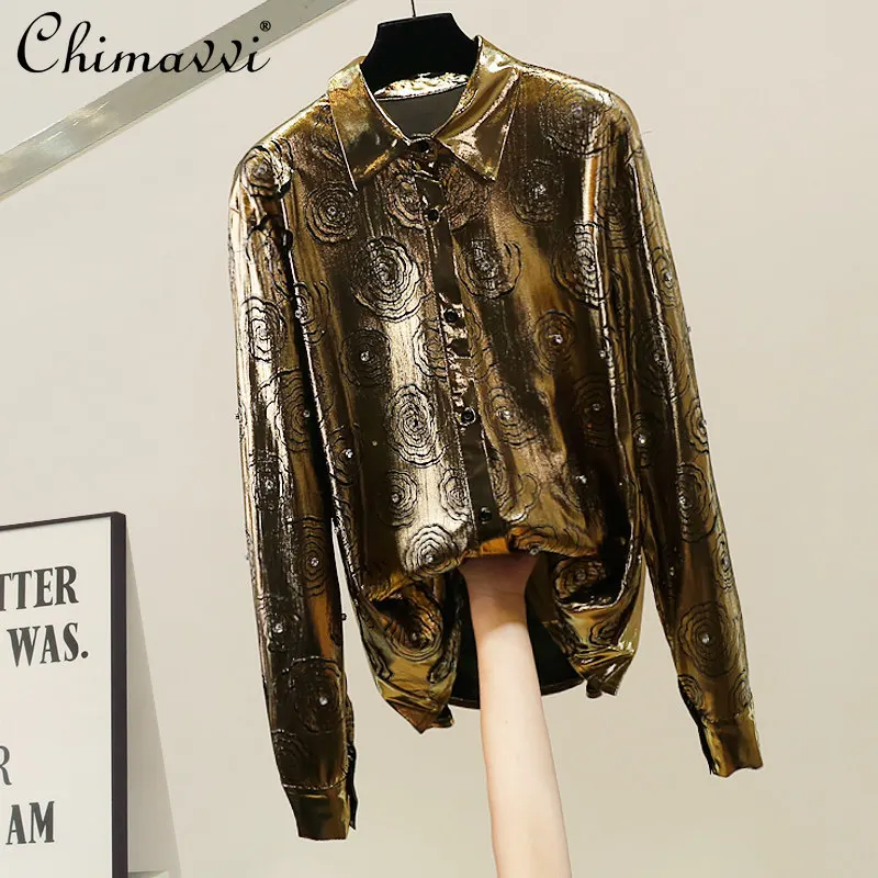 

Spring New Fashion Heavy Beaded Loose Gold Stamping Shirt for Women Mid-Length Single-Breasted Elegant Design Blouse Tops