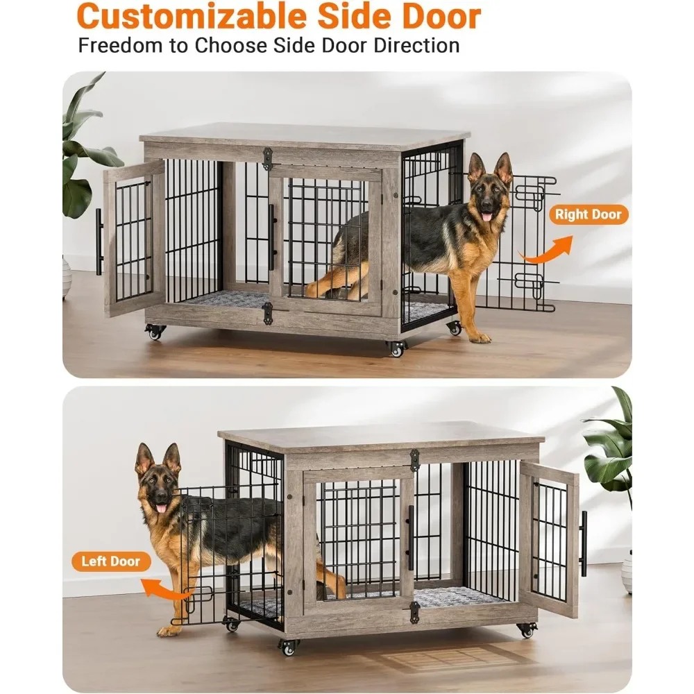 Dog Crate Furniture with Cushion, Wooden Dog Kennel with Double Doors, Heavy Duty Dog Cage End Table with Wheels,  32.5” L, Grey