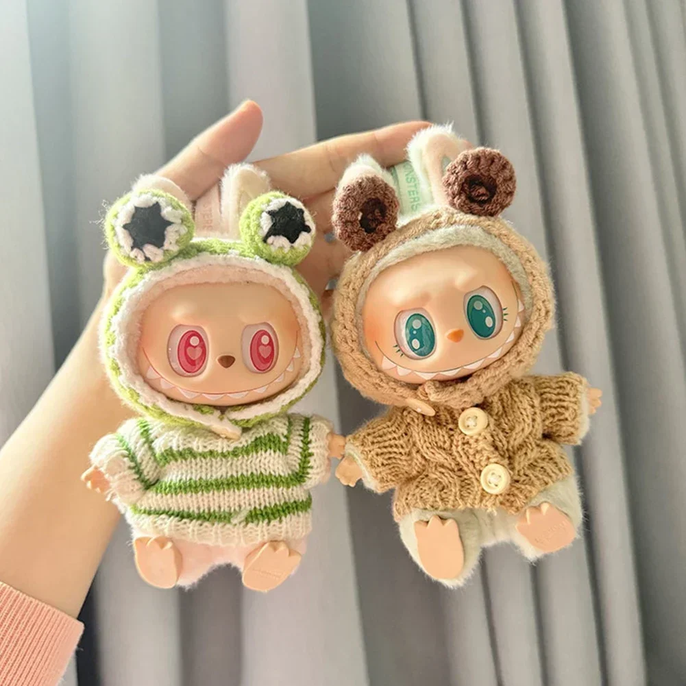 17 cm Mini Plüsch Puppe Kleidung Outfit Zubehör Für Labubu Idol handgemachte Gestrickte Kaninchen Ohr Frosch Stirnband Pullover Kleidung