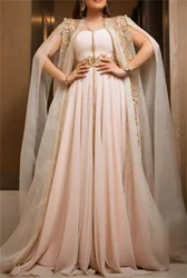 Luxury Pink Prom Dresses V Neck Beaded Lace With Belt Chiffon Fabric Elegant Cape Sleeves To Floor Length Muslim Style Evening