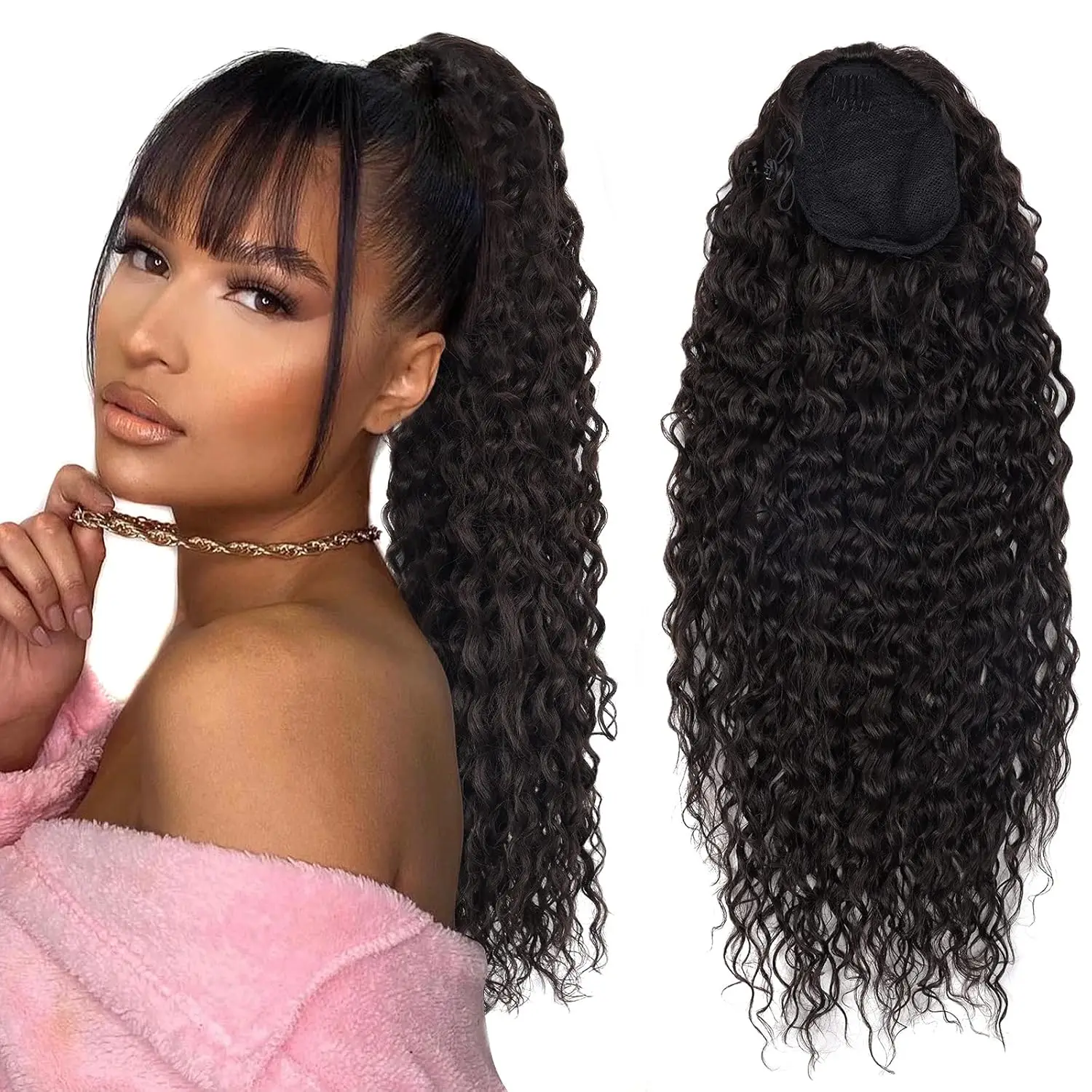 

Глубокий волнистый хвост на шнурке, натуральный черный бразильский Remy, 100% человеческие волосы, вьющийся хвост, шиньон, заколка для наращивания волос, хвост