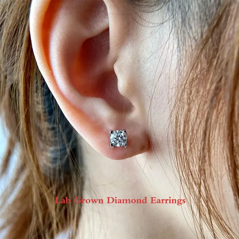 1Ct Each 2Ctw EF-VS Round Cut CVD&HPHT Lab Grown Diamond Minimalist Earrings 14k Gold/925 Silver Diamond Earrings Gift For Her