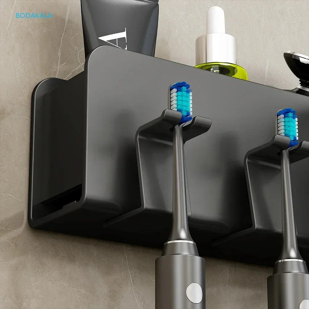 Wall Mounted Punch-free Aluminum Electric Toothbrush Holder No-Drill Toothpaste Dispenser Cup Storage Rack Bathroom Accessories