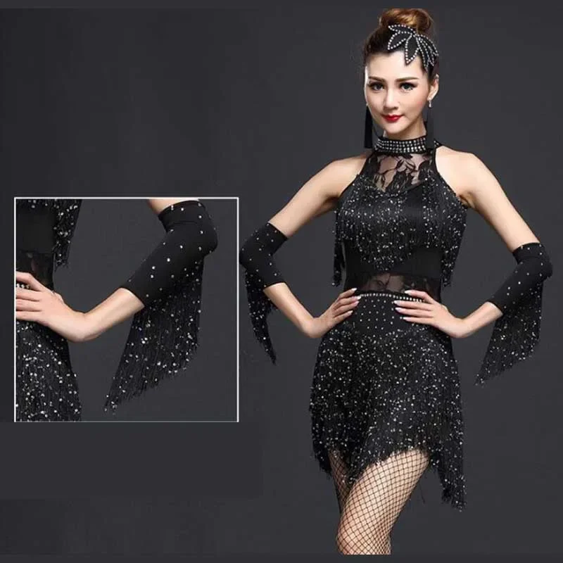 Four Seasons New Sexy Retro Strapless Latin Dance Skirt Sequins Tassel Costume Adult Female Latin Dance Dress + Gloves