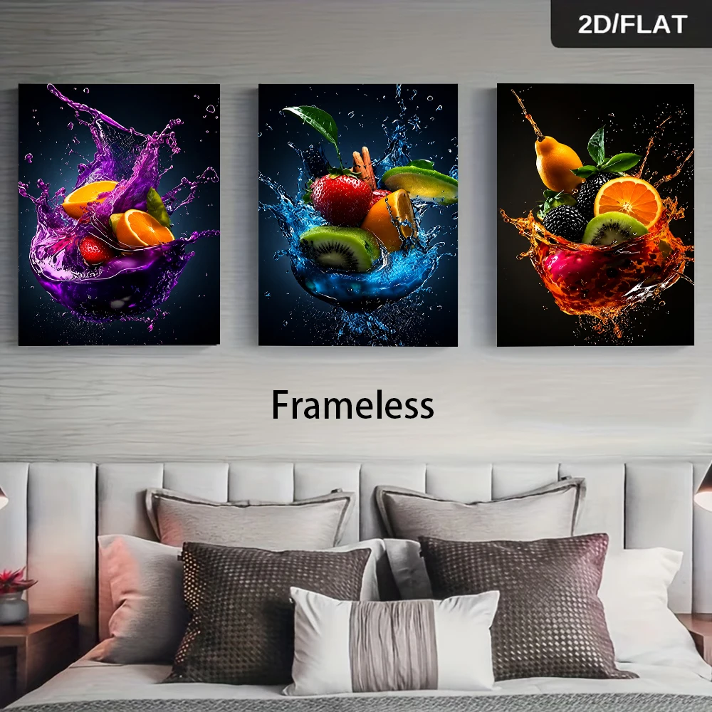 1 set of three-panel frameless decorative paintings, featuring fruit and water splashes, in 2D.