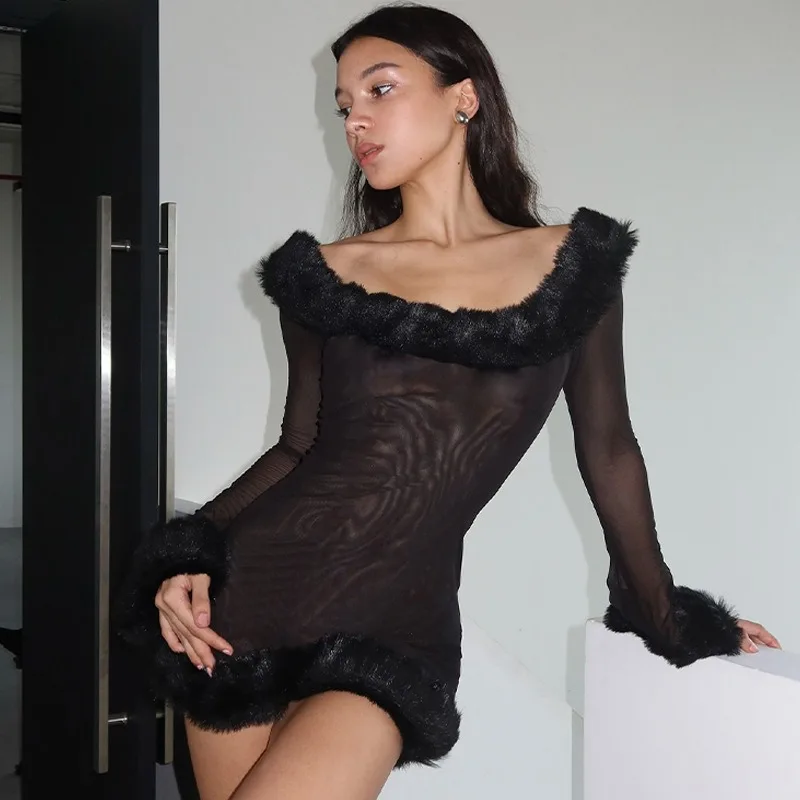 2024 Autumn Winter Mesh Fur Patchwork Sheer Slim Evening Dress Women Slash Neck Backless Full Sleeve Elegant Club Partywear Robe