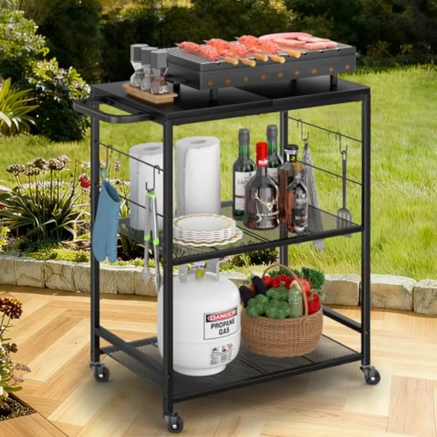

Grill Cart for Outside 3-Tier BBQ Food Prep Rolling Table Cart with 23.62" Lx 15.75" W Rust-Resistant Tabletop Outdoor Pizza Ov