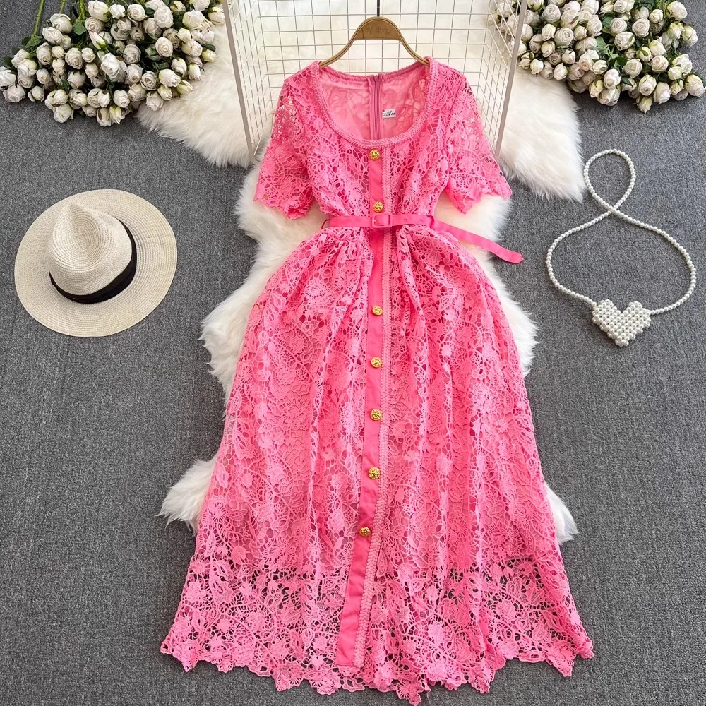 High Quality 2023 Summer Blue Lace Dress Women Hook Flower Hollow Golden Button Bodycon Clothing Square Neck Street Party Dresse