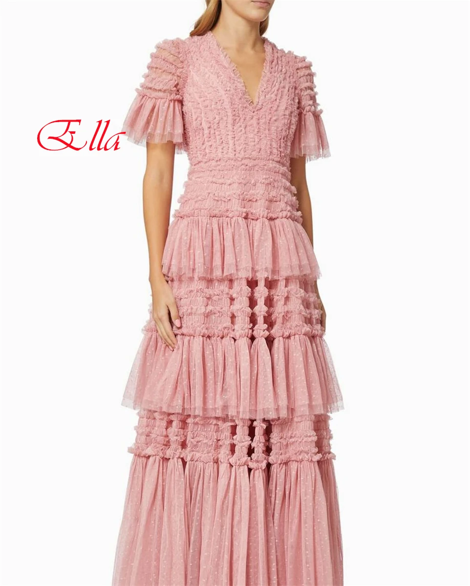 

Customized Temperament Pink Tulle Evening Dress High Quality V-Neck Short Sleeves Zipper Back Tiered Special Occasion Gowns