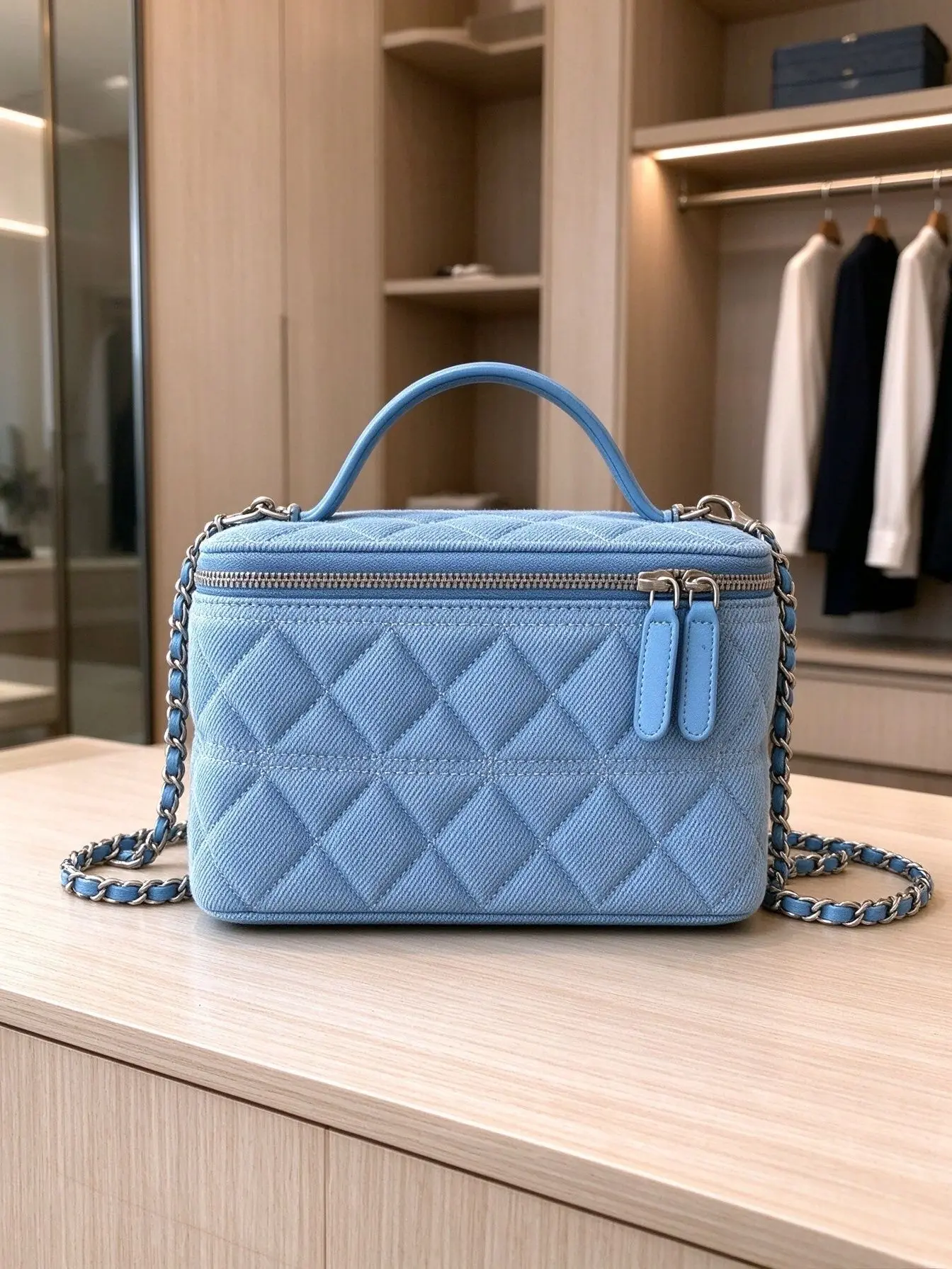 Unisex Light Blue Diamond Quilted Box Makeup Bag Denim Fabric Mini Top Handle Handbag Interwoven Leather Metal Chain Strap Double Zipper Closure Small Square Crossbody Shoulder Purse