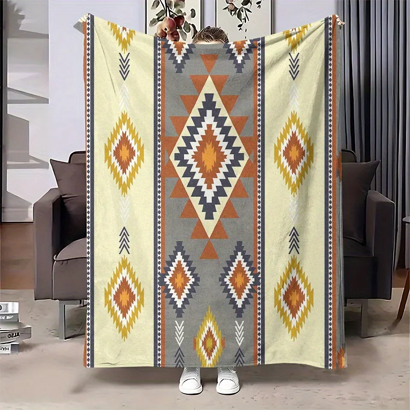 Boho Southwest Aztec Diamond Triangle Flannel Blanket,Retro Ethnic Geometric Print Soft Throw for Sofa Bedroom Travel Home Decor