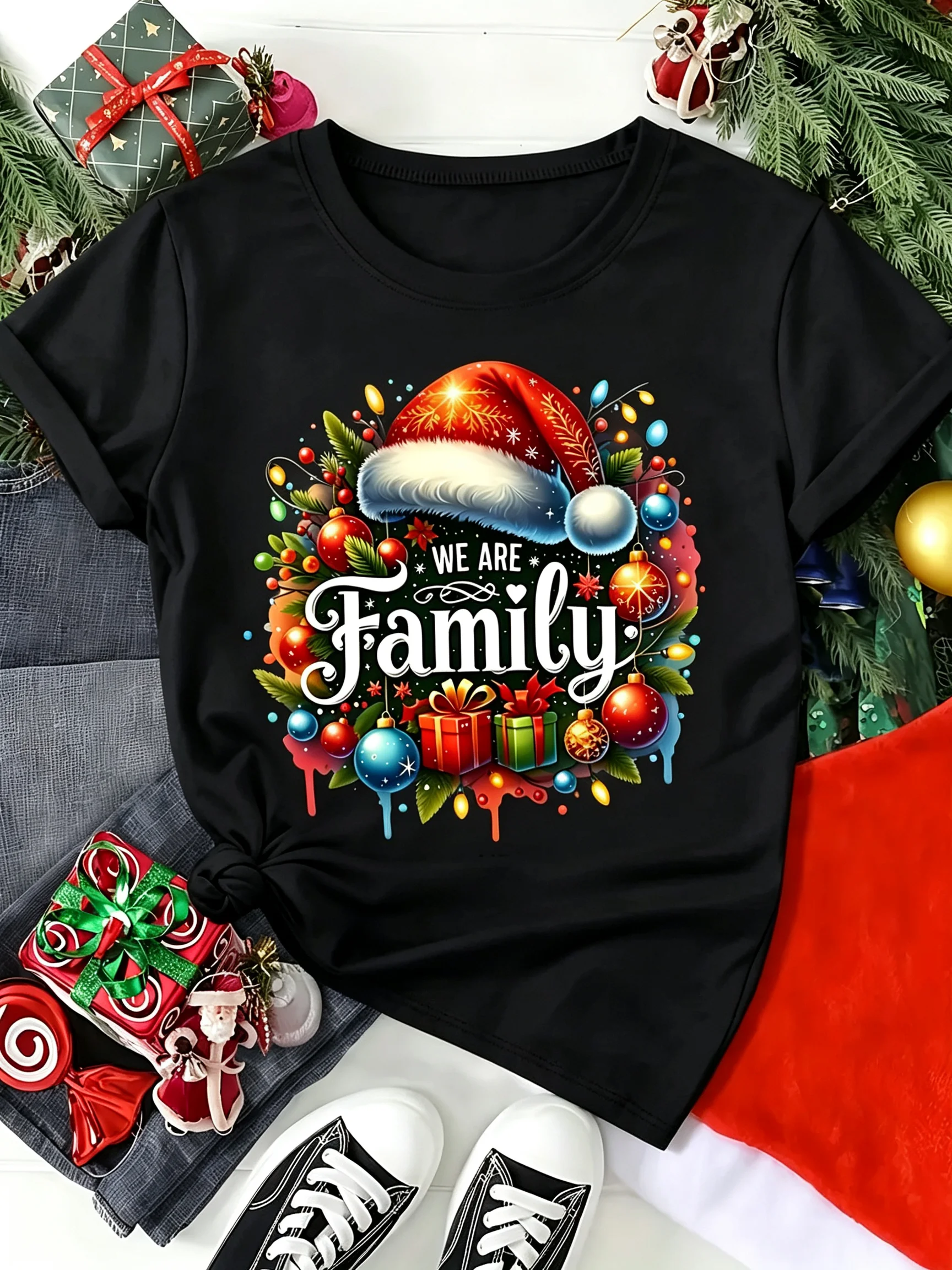 Christmas T Shirt We Are Family Santa Hat Bauble Print Casual Short Sleeve for Women Xmas Holiday Party Daily Wear Festive Top