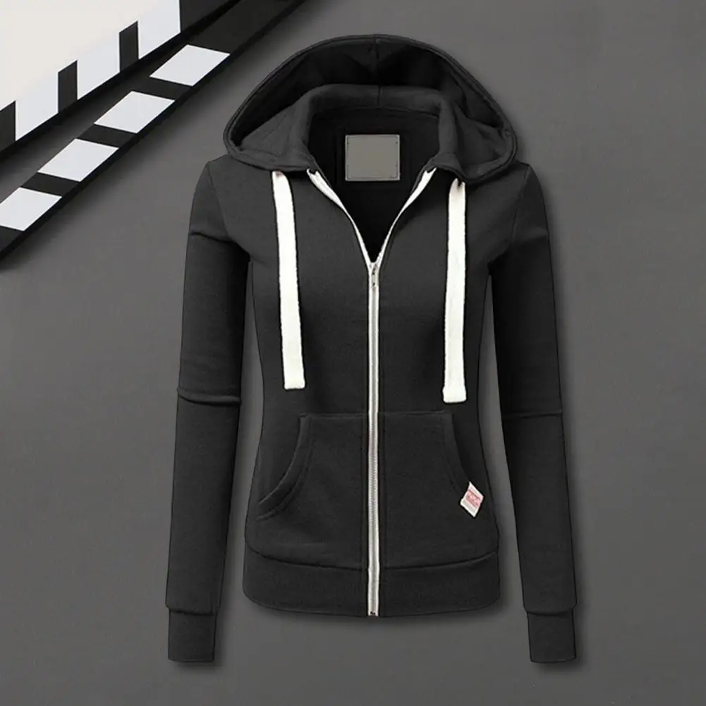 

Sporty Style Coat Stylish Drawstring Hooded Women's Jacket with Zip-up Closure Long Sleeves Pockets for Fall Winter Fitness