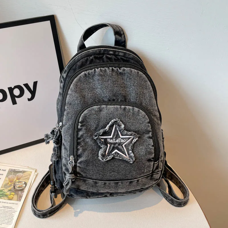 Fashion Y2K Denim Backpack Women Washed Blue Jeans Rucksack with Frayed Star Patch New School Bag Casual Travel Daypack Mochila