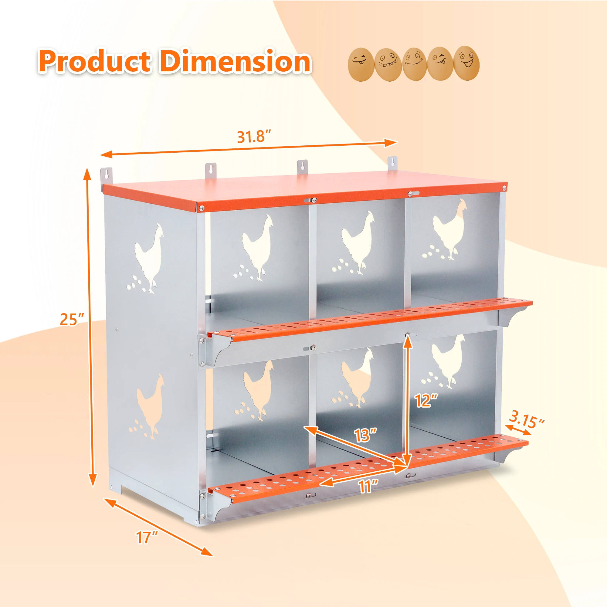 6 Bay Wall Mount Metal Nesting Box Heavy Duty Galvanized Steel Vented Egg Laying Coop for Hens and Ducks Orange Easy Assembly