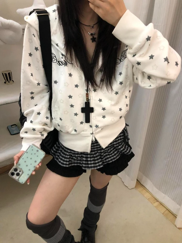 

HOUZHOU Vintage Star Printed Hoodies Women Y2k Graphic Zip Up Sweatshirts Japanese 2000s Harajuku Aesthetic Embroidery Hoodies