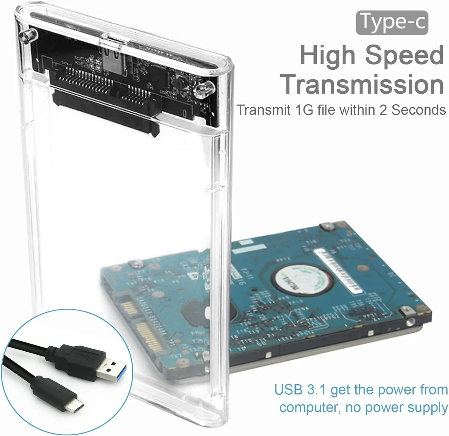 2.5 cal USB C obudowa dysku twardego 3.1 USB do SATA III 6Gbps jasne zewnętrzna obudowa dysku twardego dla 7mm 9.5mm 2.5 cal SATA SSD HDD