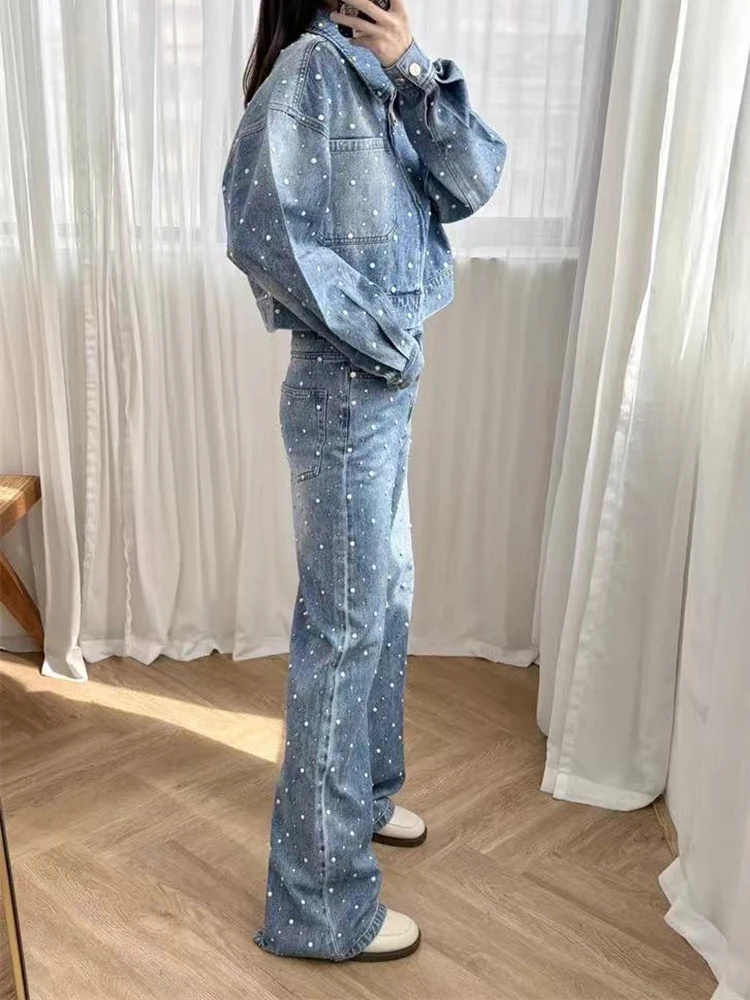 

2025 Spring New Fashion Rhinestone Decoration Denim Set Women Zipper Long Sleeve Short Jacket or Fashion Straight Leg Pants