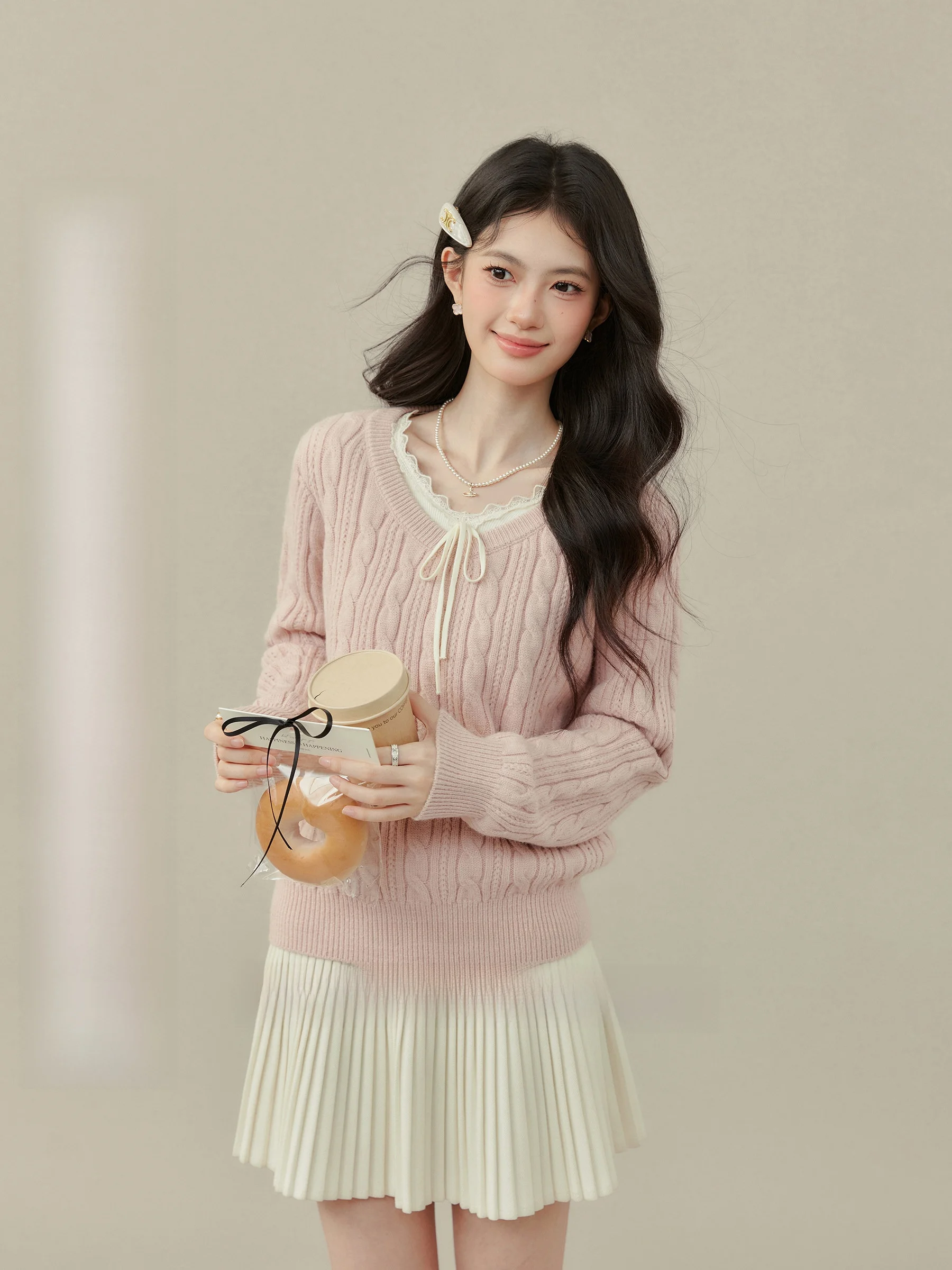 

Pink Lace V-Ne Sweater with Belt Inner Wear Casual Sle Slim Fit Women's Online Exclusive Long Sve Winter Faion