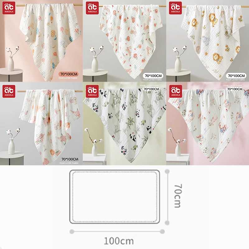 AIBEDILA Baby Swaddle Blanket 4-Layer Cartoon Print Soft Newborn Cotton Swaddling Wrap Baby Stroller Cover Bedding 70*100cm