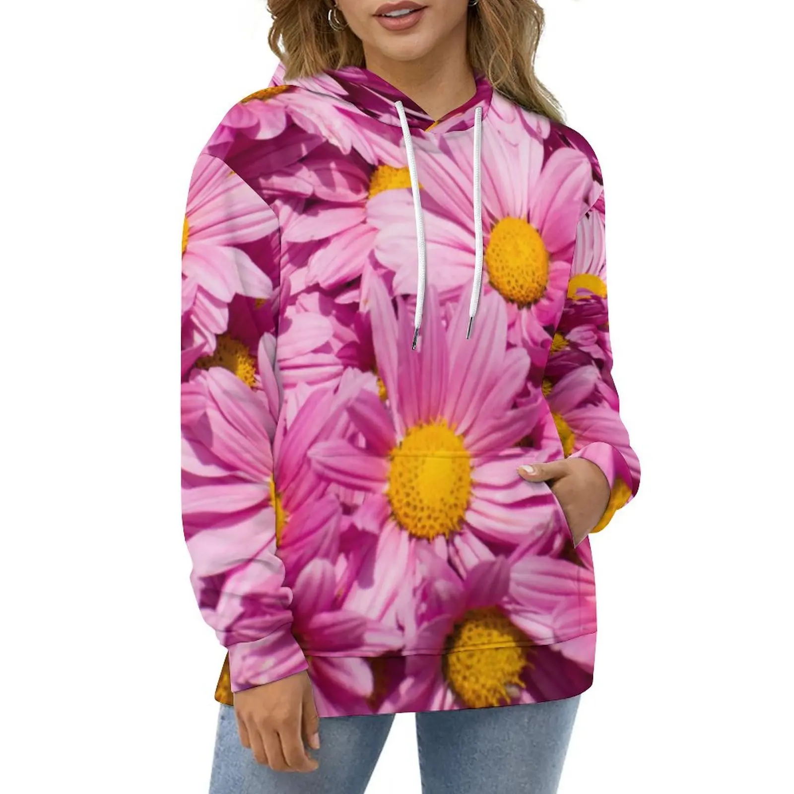 Pink Daisy Print Casual Hoodies Beauty Floral Graphic Loose Hoodie Autumn Long-Sleeve Harajuku Oversized Hooded Sweatshirts