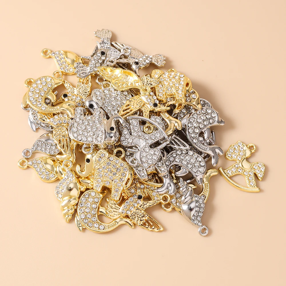 Leslie 10 Stück Gold- und Silberfarbene Kristall-Muschel-, Vogel-, Delfin- und Elefanten-Anhänger für Ohrringe, Halsketten und Handgemachten Schmuck – Detail 2