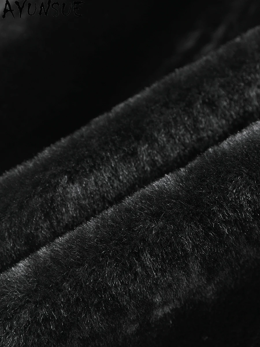 AYUNSUE 本物のメリノ羊の毛皮のジャケット男性用フード付き冬本革ジャケット男性ビジネスカジュアル暖かい天然毛皮のコート