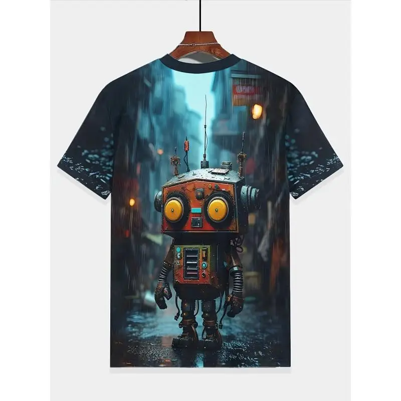 Men Vintage Rusty Robot Rain City Alley 3D Print Crew Neck Short Sleeve T-shirt Multi Pattern Street Casual Tops