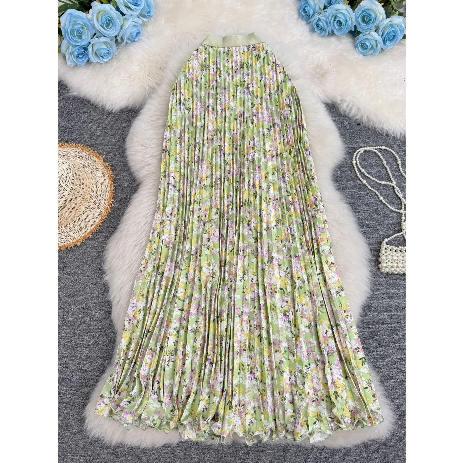 Summer Print Pleated Skirt Elegant Temperament Versatile Long Skirt