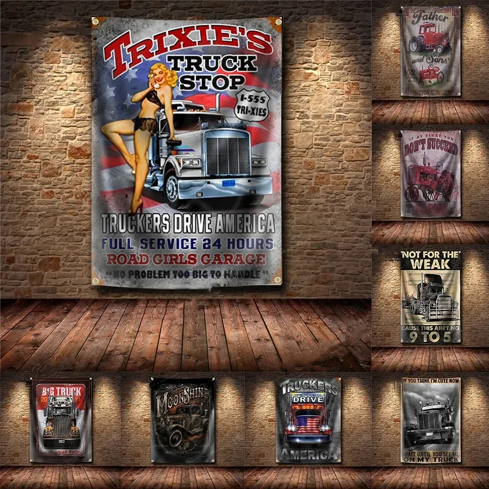 

Retro Truck Banner Flag Driver Tractor Decor Fantasy Fabric Poster Wall Art Vintage Signboard Motor Car Man Cave Pub Club Bar