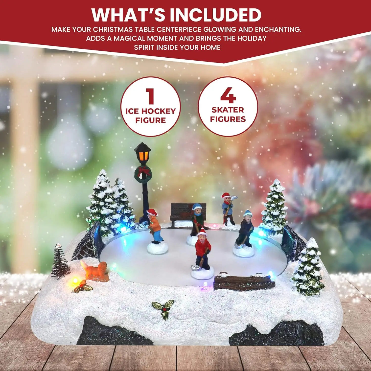 Pizarra de patinaje de Hockey de mesa de pueblo navideño musical animado con nieve preiluminada, centro de mesa perfecto para decoración del hogar en interiores