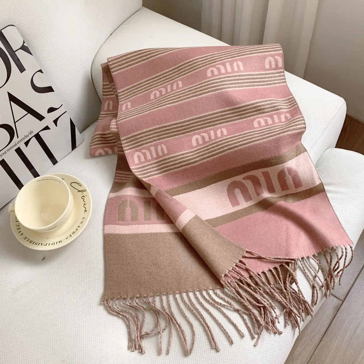 

Letter Stripe Skinny Scarf for Women, Chic Faux Cashmere Neck Scarf, Aesthetic Fringe Wrap for Fall Winter, Soft & Warm