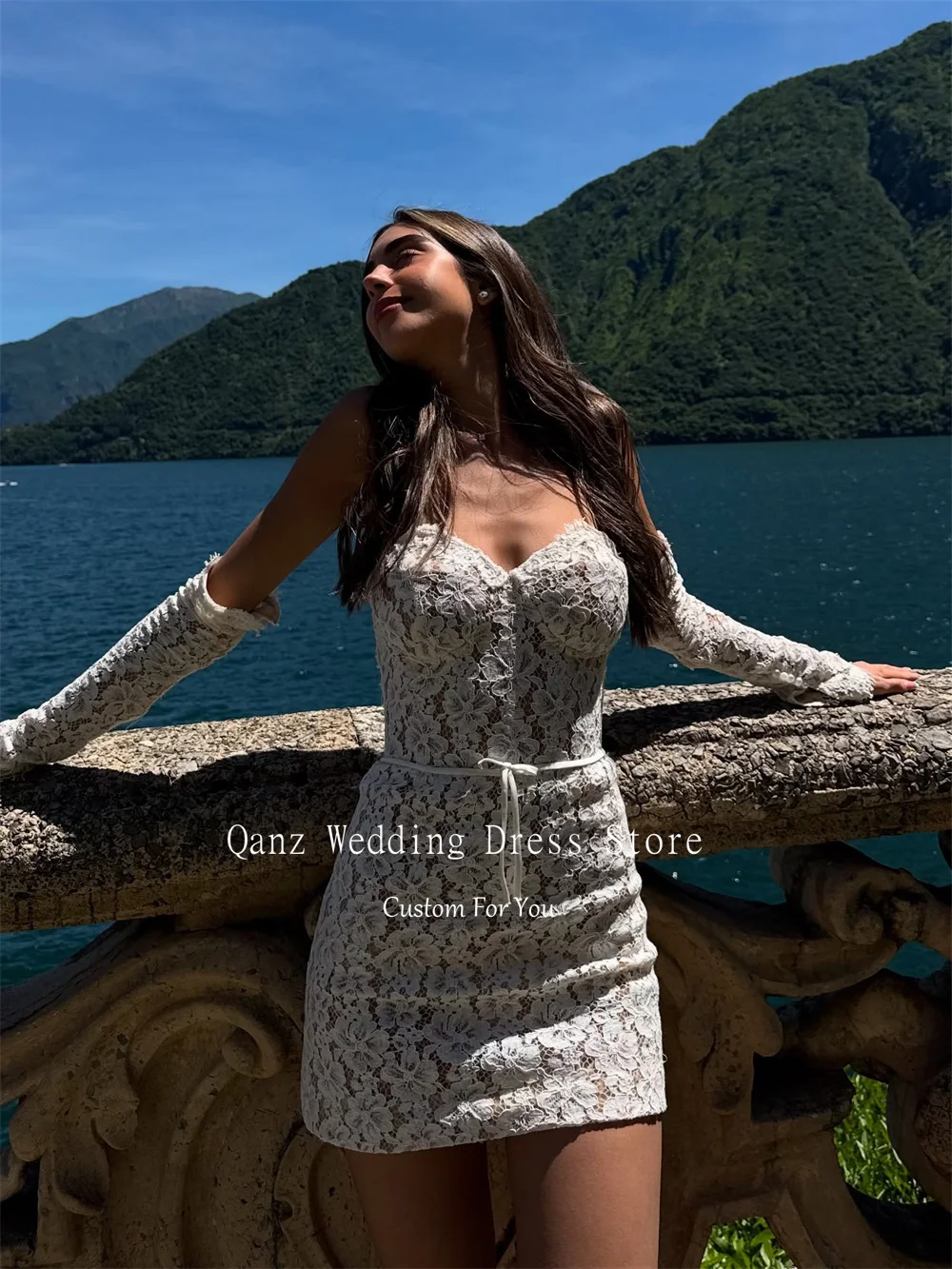 Qanz plage Mini robe De mariée chérie dentelle Appliques robes De mariée manches amovibles Vestido De Novia Civil Boda personnalisé