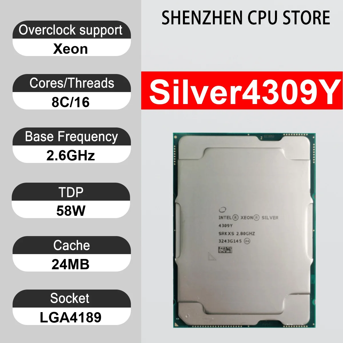 Intel Xeon Silver4309Y 8 Core 16 Thread 2.6GHz 58W 24MB Cache 10nm Ice Lake-SP DDR4-3200/DDR5-4800 MHz SRKX6 LGA4189