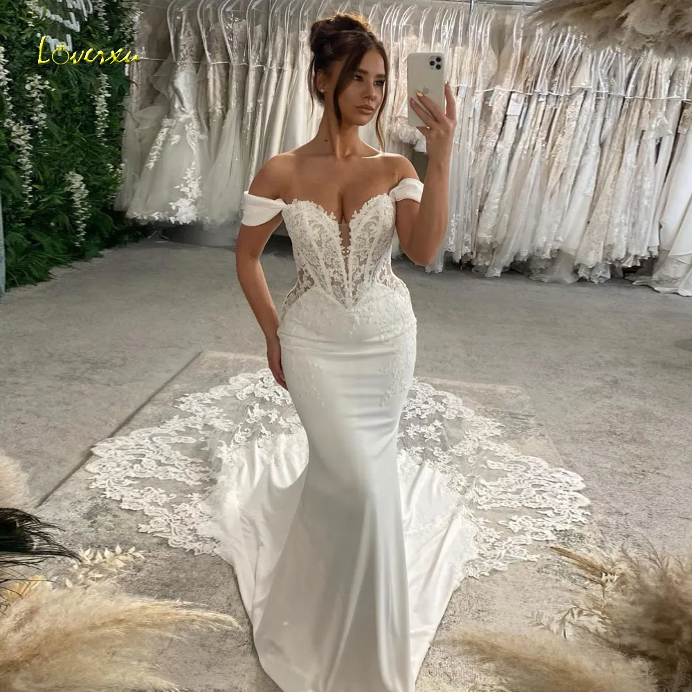 Loverxu Mermaid Sexy Wedding Dresses Sweetheart Off The Shoulder Vestido De Novia Lace Embroidery Satin Custom Made Bridal Gown