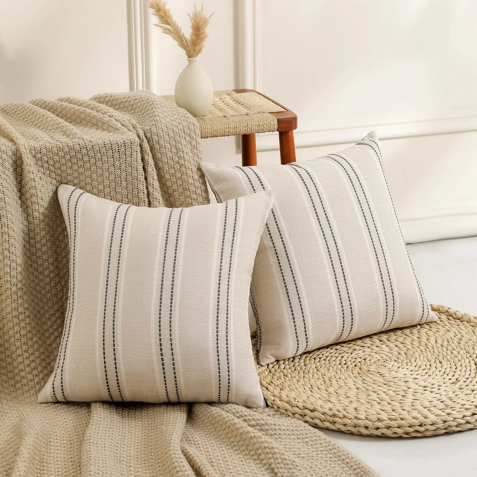 Throw Pillow Covers Set of 2 Striped Pillow Covers Textured Linen Decorative Pillows Square Cushion Covers for Sofa Couch Decor