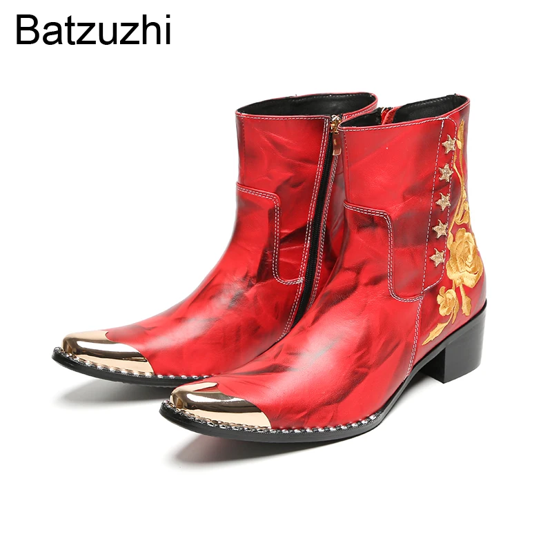 Batzuzhi 6.5cm Men's High Heel Boots Shoes Pointed Toe Black Leather Ankle Boots Man Leather with Flowers Print Leather Boots