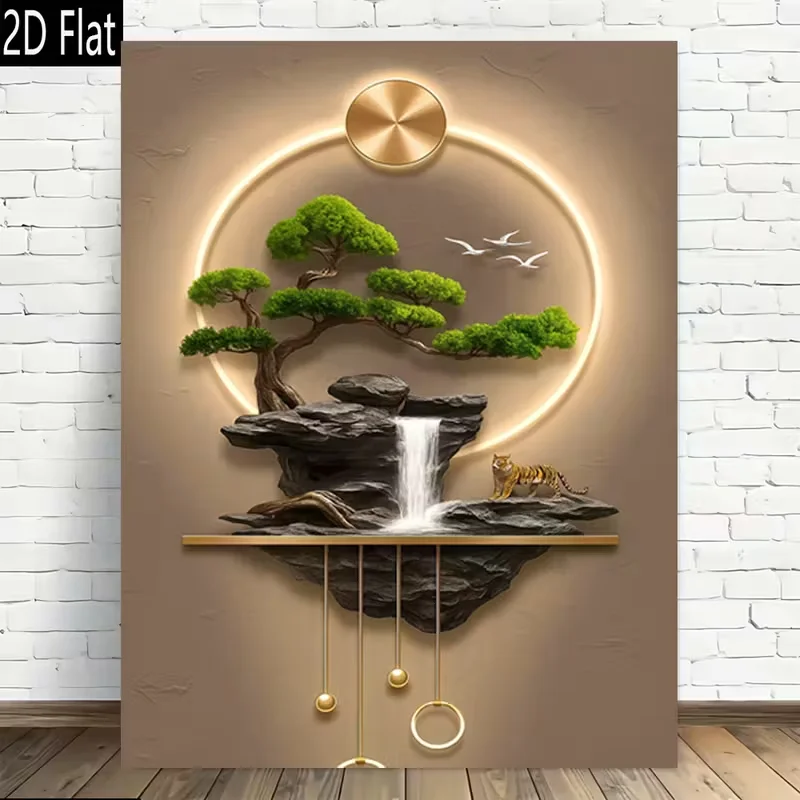 2D Flat, 2D Flat, 2D Flat Frameless Canvas Wall Art Featuring a Japanese Zen Theme with a Bonsai Tree And Waterfall, Designed in