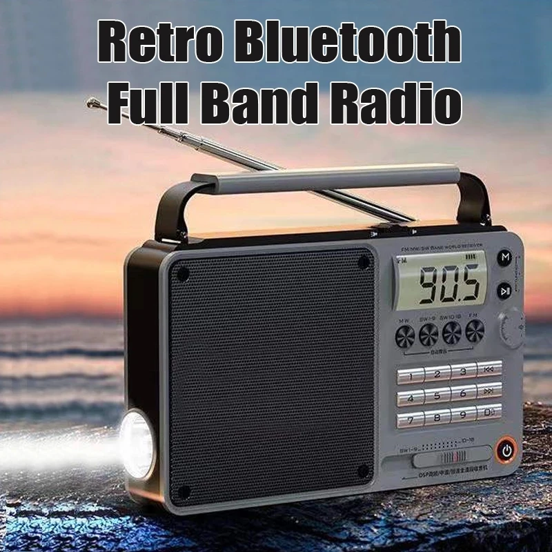 

FM/AM/SW Full Band Radio Bluetooth Digital Retro Radio Hifi Portable U-Disk USB/TF/Mp3 Music Player Speaker Bass LED Flashlight