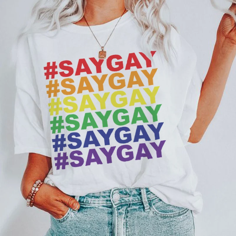 

kuakuayu HJN Say Gay Letter Print LGBT Pride Slogan T Shirt Summer Casual Rainbow Gay Lesbian Pride Tshirts Equality Funny Top