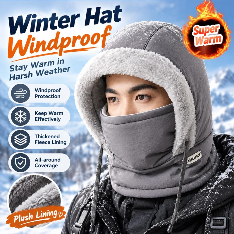 Full Face Windproof Winter Hat Set with Thick Padded One-Piece Design Unisex Warm Cozy Outdoor Skiing Snowboarding Cold Weather