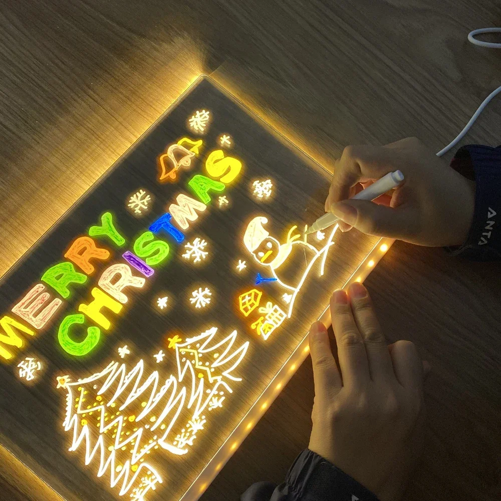 Veilleuse LED USB en acrylique avec support rapide pour enfants, lampe de tableau de notes de message, planche à dessin effaçable, cadeaux pour enfants, veilleuse de chambre