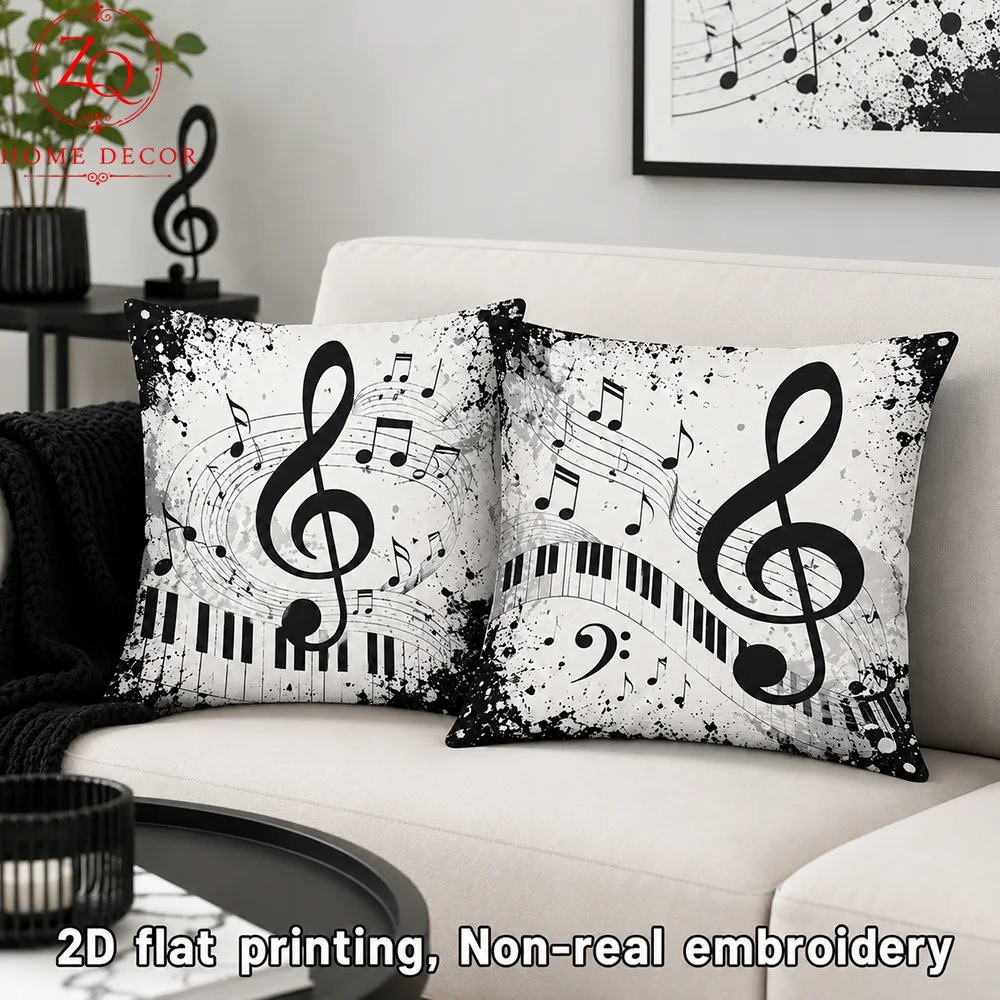 Music Notes Piano Peach Skin Throw Pillow Case 2D Flat Printed Treble Clef Cushion Cover For Living Room Sofa Modern Home Decor