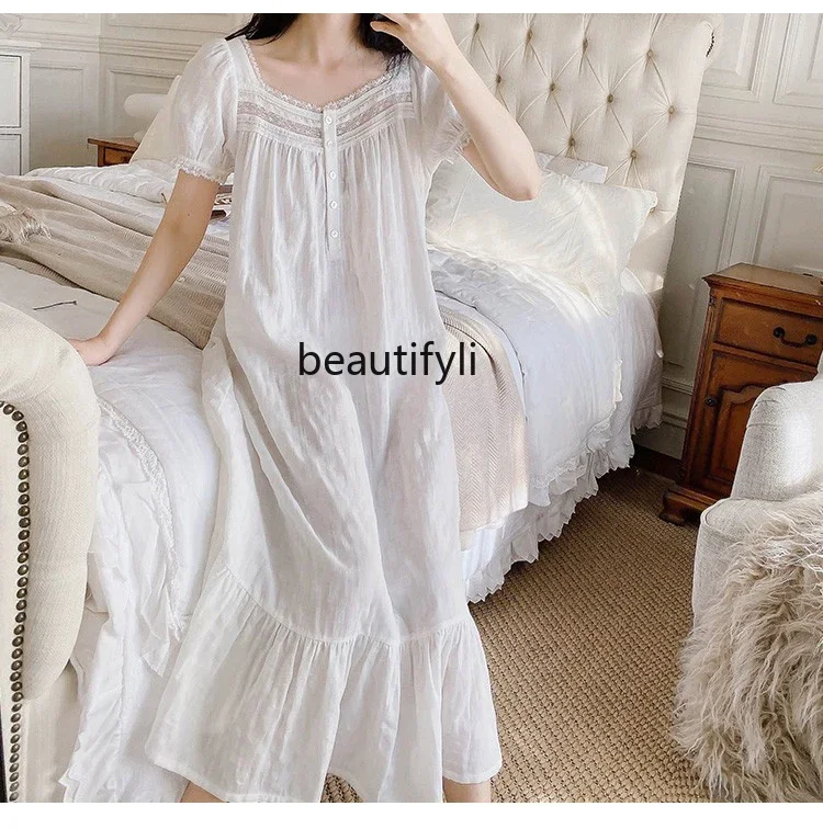 French Royal Style Summer Pajamas White Sweet Princess All Cotton and Support for Outdoor Wearing Homewear