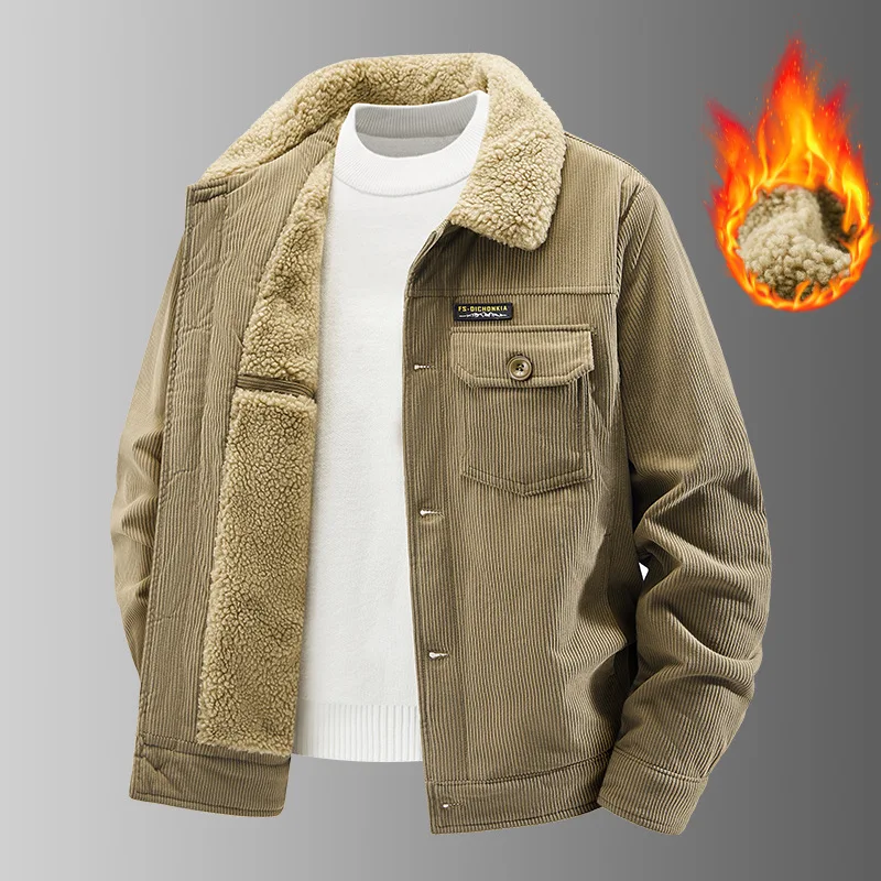 

2024 New Mens Lamb Wool Lined Jacket Thickened Cotton Workwear Coat Casual Retro Corduroy Outerwear for Winter