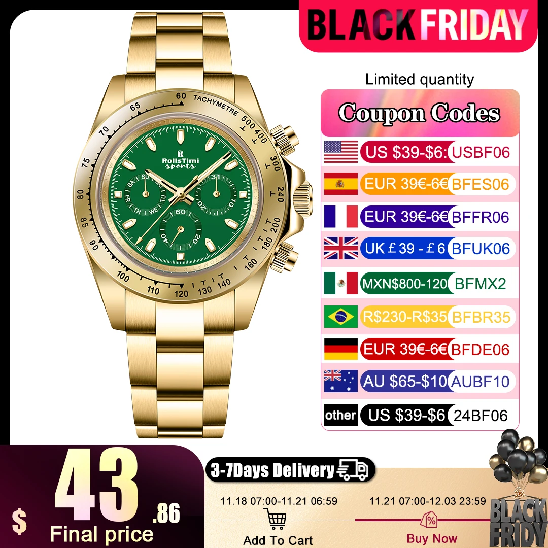 RollsTimi Men\'s Luxury Automatic Mechanical Watches Gold Green Wristwatch Stainless steel Sapphire glass Waterproof Chronograph